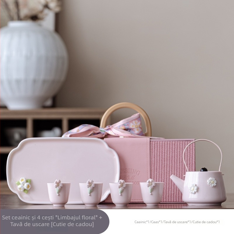 Set de ceai din porțelan cu ceainic cu capac, finisaj glazurat color, include tavă ceramică pentru ceai și cutie cadou — ideal pentru ziua de naștere sau ca dar pentru o prietenă sau mamă
