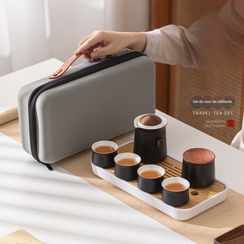 Set ceramic de ceai portabil pentru camping în aer liber – 1 ceainic, 4 cești și tavă de ceai