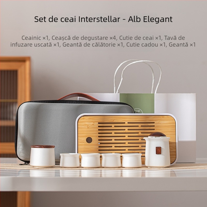 Set ceramic de ceai portabil pentru camping în aer liber – 1 ceainic, 4 cești și tavă de ceai