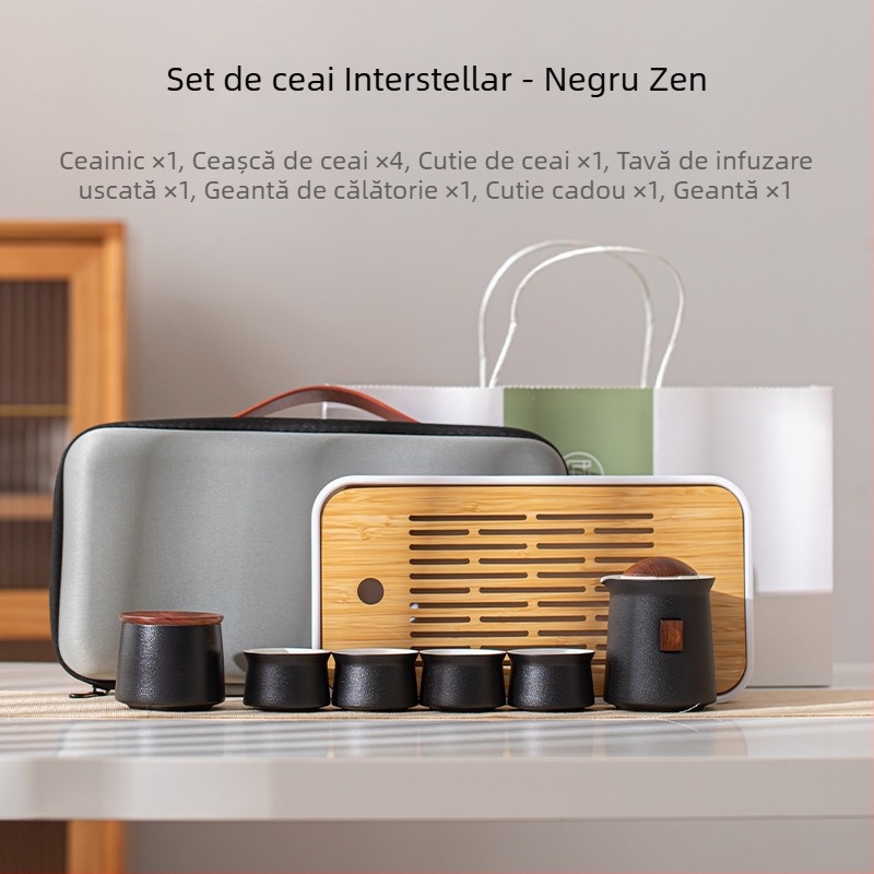 Set ceramic de ceai portabil pentru camping în aer liber – 1 ceainic, 4 cești și tavă de ceai