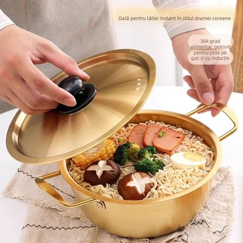 Oală coreeană pentru tăiței, mică oală din oțel inoxidabil cu mâner dublu, pentru ramen în stil coreean și supă de tăiței, potrivită pentru plite cu inducție și aragaz