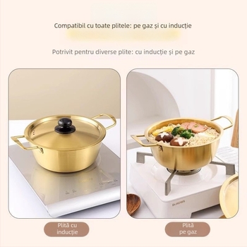 Oală coreeană pentru tăiței, mică oală din oțel inoxidabil cu mâner dublu, pentru ramen în stil coreean și supă de tăiței, potrivită pentru plite cu inducție și aragaz