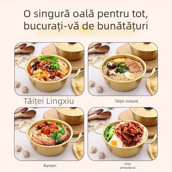 Oală coreeană pentru tăiței, mică oală din oțel inoxidabil cu mâner dublu, pentru ramen în stil coreean și supă de tăiței, potrivită pentru plite cu inducție și aragaz
