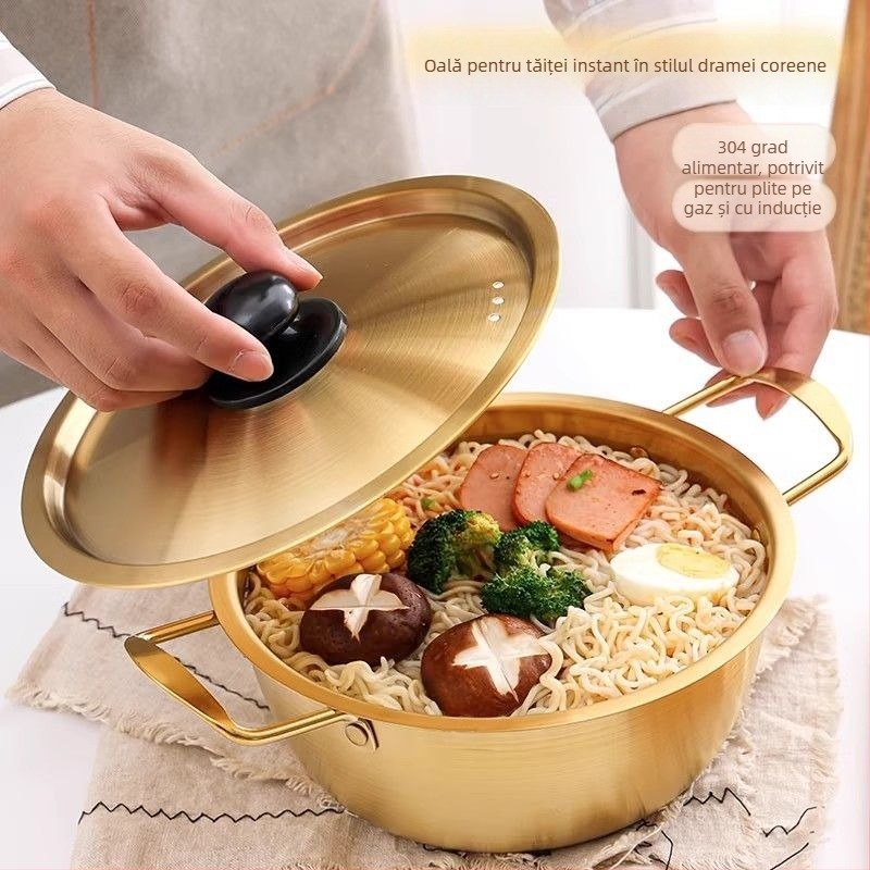 Oală coreeană pentru tăiței, mică oală din oțel inoxidabil cu mâner dublu, pentru ramen în stil coreean și supă de tăiței, potrivită pentru plite cu inducție și aragaz