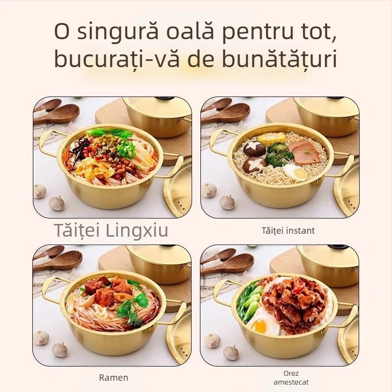 Oală coreeană pentru tăiței, mică oală din oțel inoxidabil cu mâner dublu, pentru ramen în stil coreean și supă de tăiței, potrivită pentru plite cu inducție și aragaz