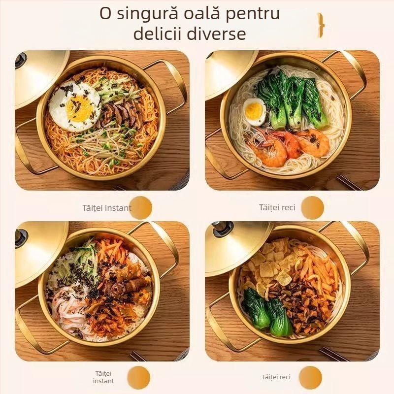 Oală coreeană pentru tăiței, mică oală din oțel inoxidabil cu mâner dublu, pentru ramen în stil coreean și supă de tăiței, potrivită pentru plite cu inducție și aragaz