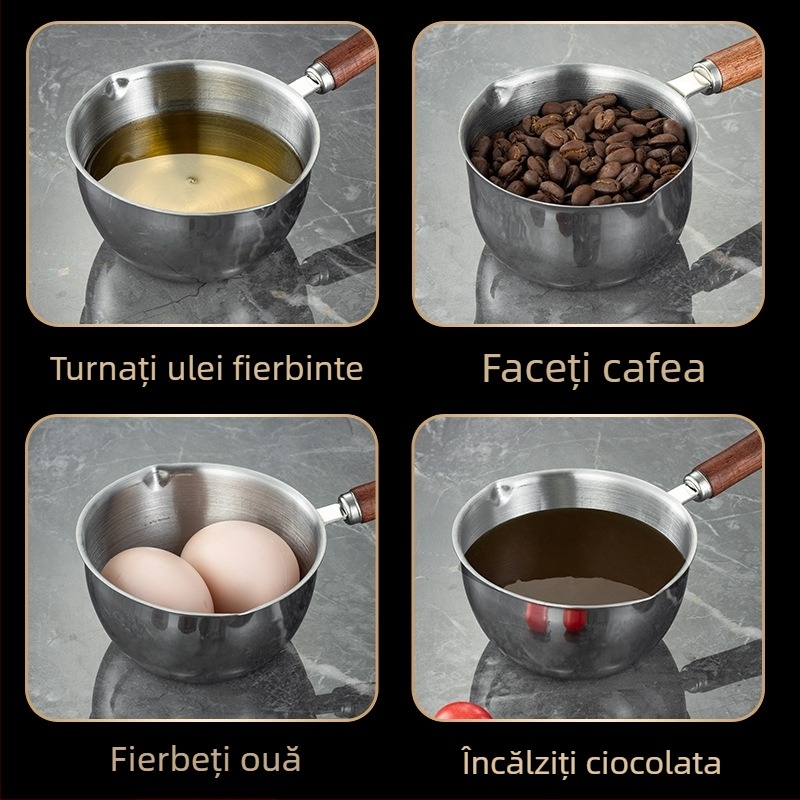 Oală din oțel inoxidabil 304 cu mâner din lemn, pentru ulei fierbinte, oală pentru lapte, lingură de supă și lingură de turnare a uleiului