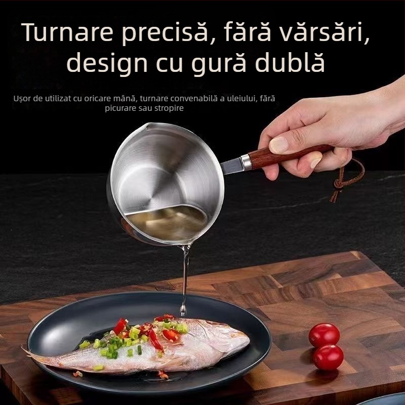 Oală din oțel inoxidabil 304 cu mâner din lemn, pentru ulei fierbinte, oală pentru lapte, lingură de supă și lingură de turnare a uleiului