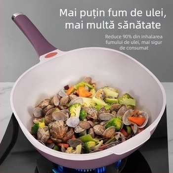 Tigaie wok din titan ceramic, antiaderentă, cu ulei redus și fum redus, multifuncțională pentru aburire și prăjire, potrivită pentru plite cu inducție și gaz
