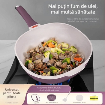 Tigaie wok din titan ceramic, antiaderentă, cu ulei redus și fum redus, multifuncțională pentru aburire și prăjire, potrivită pentru plite cu inducție și gaz