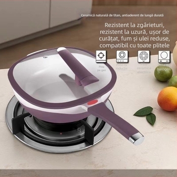 Tigaie wok din titan ceramic, antiaderentă, cu ulei redus și fum redus, multifuncțională pentru aburire și prăjire, potrivită pentru plite cu inducție și gaz