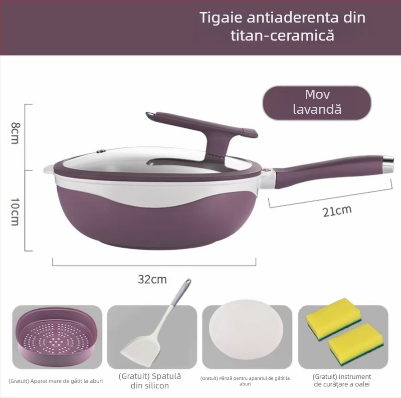 Tigaie wok din titan ceramic, antiaderentă, cu ulei redus și fum redus, multifuncțională pentru aburire și prăjire, potrivită pentru plite cu inducție și gaz