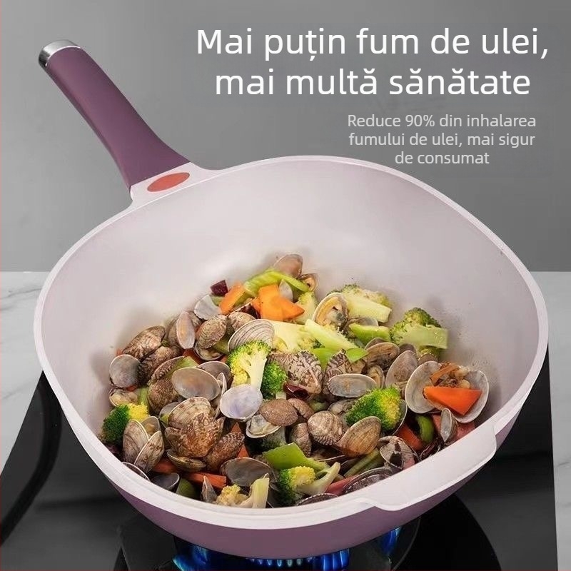 Tigaie wok din titan ceramic, antiaderentă, cu ulei redus și fum redus, multifuncțională pentru aburire și prăjire, potrivită pentru plite cu inducție și gaz