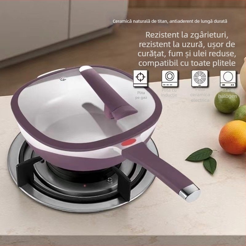 Tigaie wok din titan ceramic, antiaderentă, cu ulei redus și fum redus, multifuncțională pentru aburire și prăjire, potrivită pentru plite cu inducție și gaz