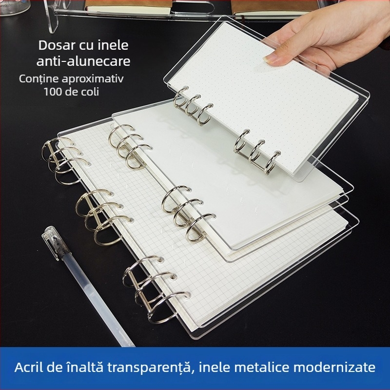 Dosar acrilic transparent pentru caiet A5 și planner A6, 6 găuri, depozitare detașabilă universală