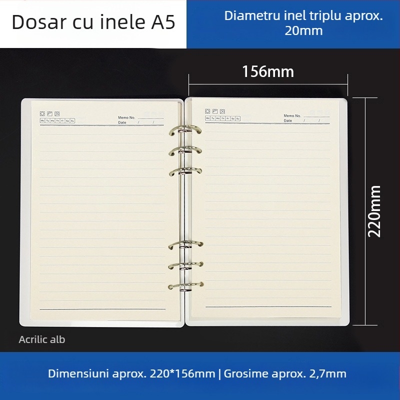 Dosar acrilic transparent pentru caiet A5 și planner A6, 6 găuri, depozitare detașabilă universală