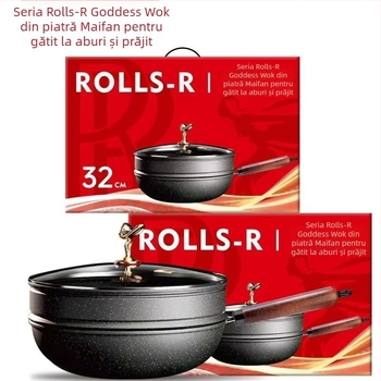 Wok din piatră Maifan, antiaderent, cu coș de aburi – tigaie multifuncțională pentru gătit la aburi și sotare, capac din sticlă, bază dublu strat din fier