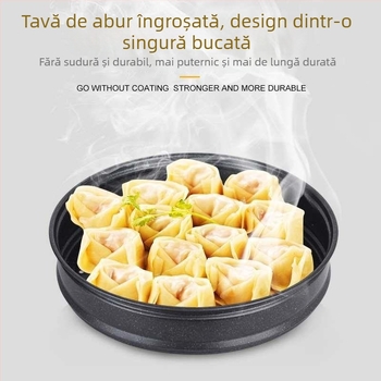 Wok din piatră Maifan, antiaderent, cu coș de aburi – tigaie multifuncțională pentru gătit la aburi și sotare, capac din sticlă, bază dublu strat din fier