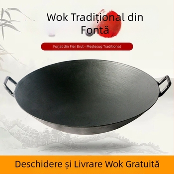 Wok din fontă autentic, în stil vechi, cu două urechi, pentru gospodăria rurală, antiaderent, fără strat, turnat manual