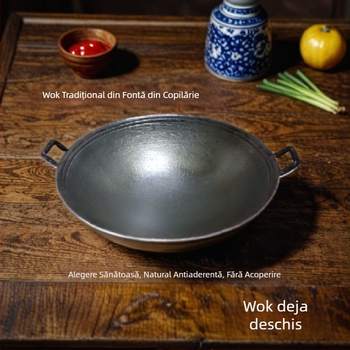 Wok din fontă autentic, în stil vechi, cu două urechi, pentru gospodăria rurală, antiaderent, fără strat, turnat manual