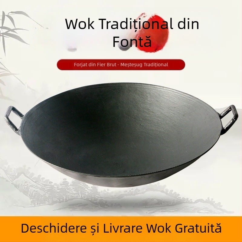 Wok din fontă autentic, în stil vechi, cu două urechi, pentru gospodăria rurală, antiaderent, fără strat, turnat manual