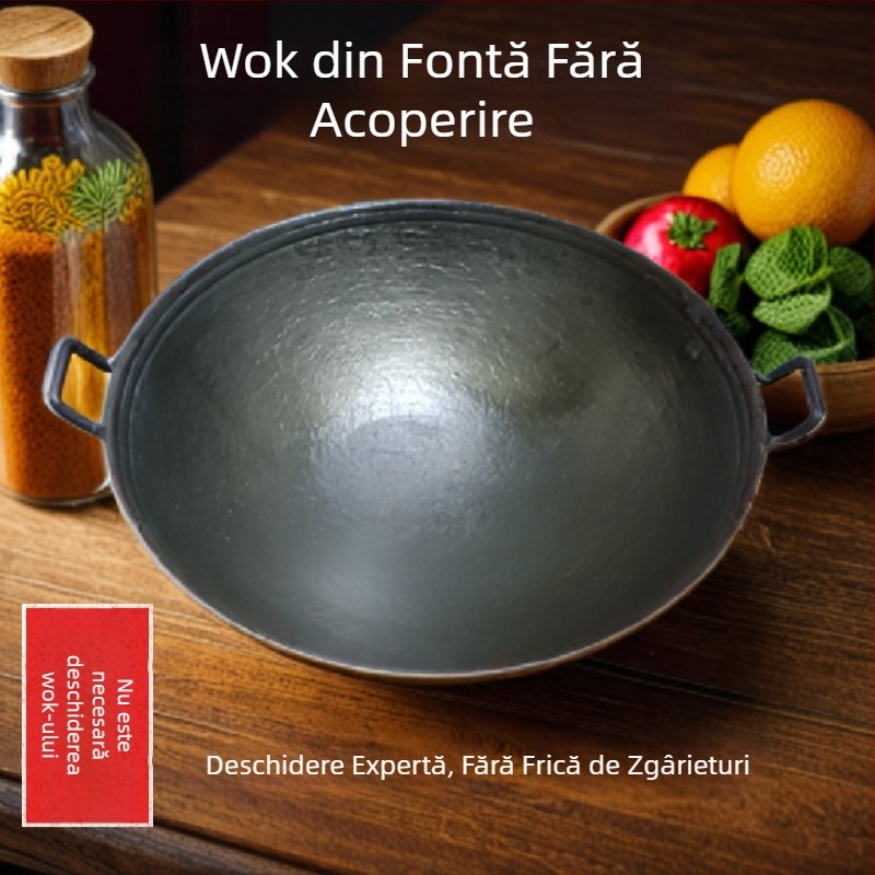 Wok din fontă autentic, în stil vechi, cu două urechi, pentru gospodăria rurală, antiaderent, fără strat, turnat manual