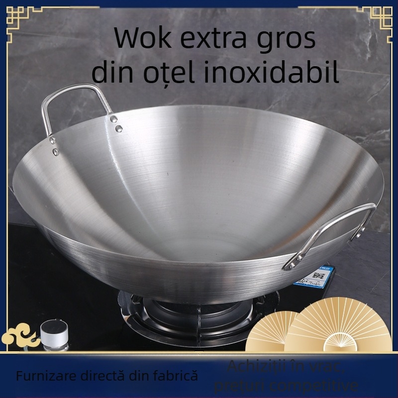 Wok din oțel inoxidabil, extrem de mare și gros, cu două mânere, capacitate mare, potrivit pentru aragaz cu gaz