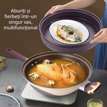 Wok din titan, antiaderent, cu micro-presiune, gătire cu fum redus, cu aburi integrat, wok multifuncțional, capacitate mare pentru uz casnic