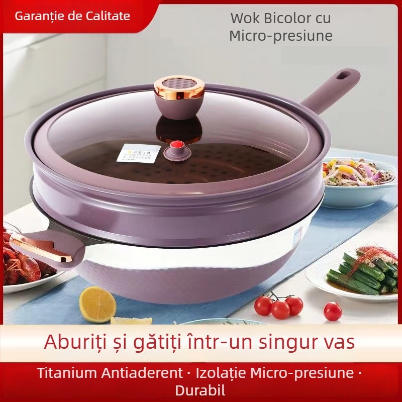 Wok din titan, antiaderent, cu micro-presiune, gătire cu fum redus, cu aburi integrat, wok multifuncțional, capacitate mare pentru uz casnic