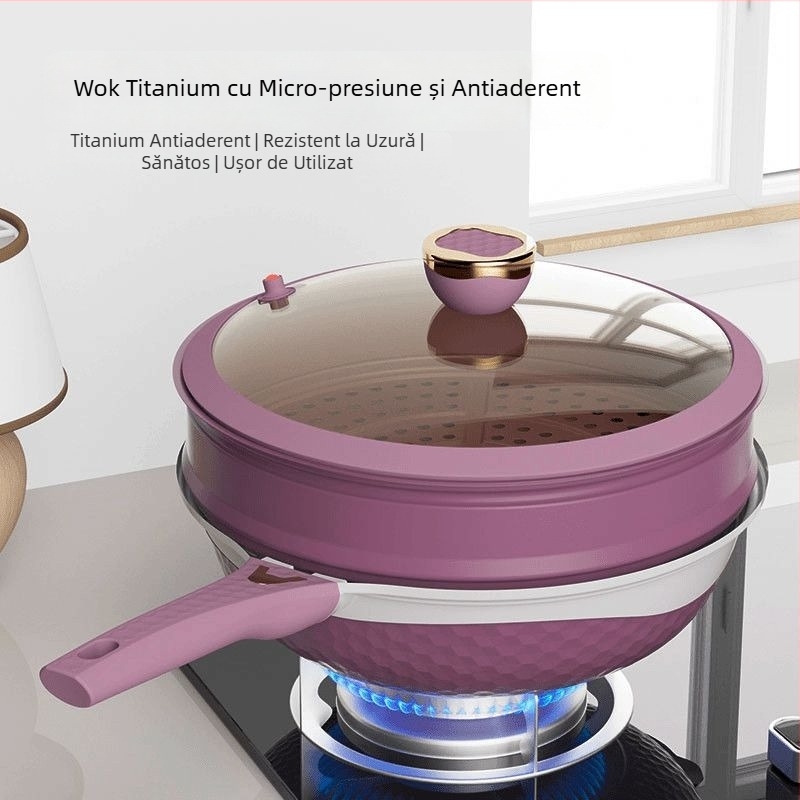 Wok din titan, antiaderent, cu micro-presiune, gătire cu fum redus, cu aburi integrat, wok multifuncțional, capacitate mare pentru uz casnic