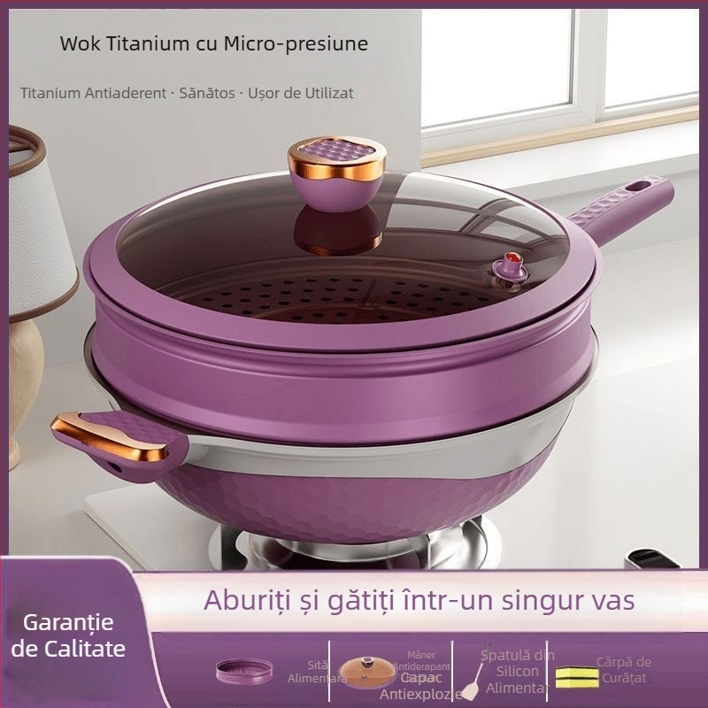 Wok din titan, antiaderent, cu micro-presiune, gătire cu fum redus, cu aburi integrat, wok multifuncțional, capacitate mare pentru uz casnic