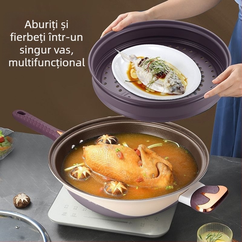 Wok din titan, antiaderent, cu micro-presiune, gătire cu fum redus, cu aburi integrat, wok multifuncțional, capacitate mare pentru uz casnic