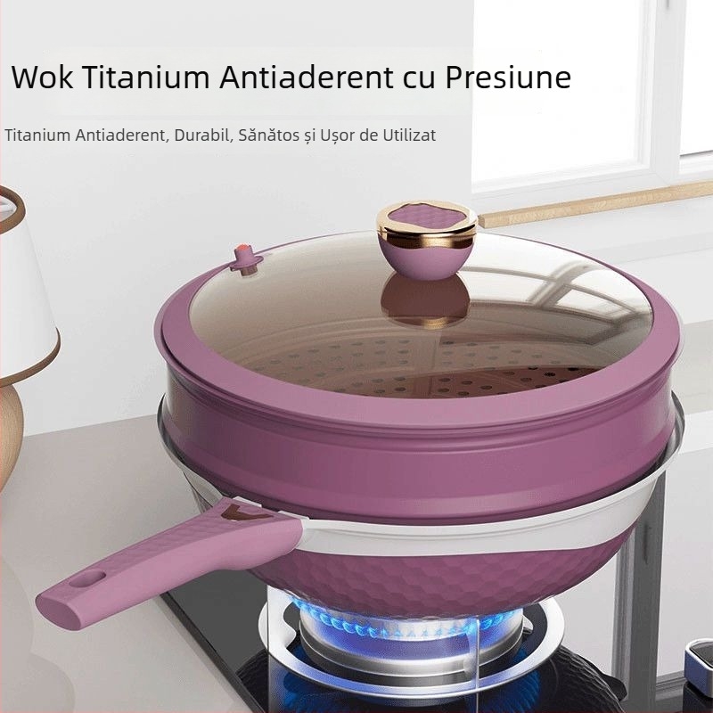 Wok din titan, antiaderent, cu micro-presiune, gătire cu fum redus, cu aburi integrat, wok multifuncțional, capacitate mare pentru uz casnic