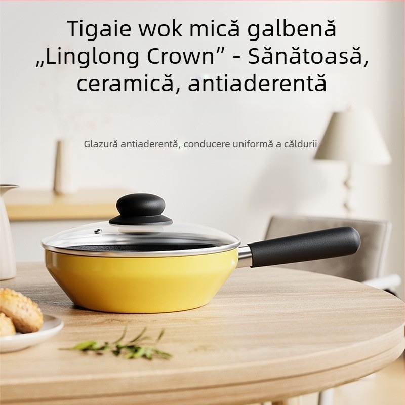 Mini wok galben cu strat ceramic antiaderent, wok multifuncțional pentru toate plitele