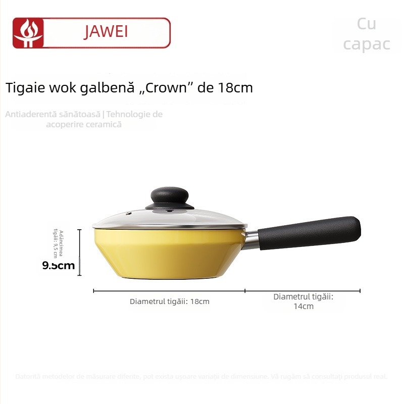 Mini wok galben cu strat ceramic antiaderent, wok multifuncțional pentru toate plitele