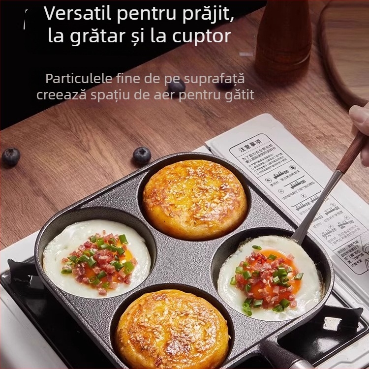 Tigaie din fontă pentru ouă cu patru găuri, potrivită pentru ouă, burgeri cu ouă și găluște cu ouă, fără strat
