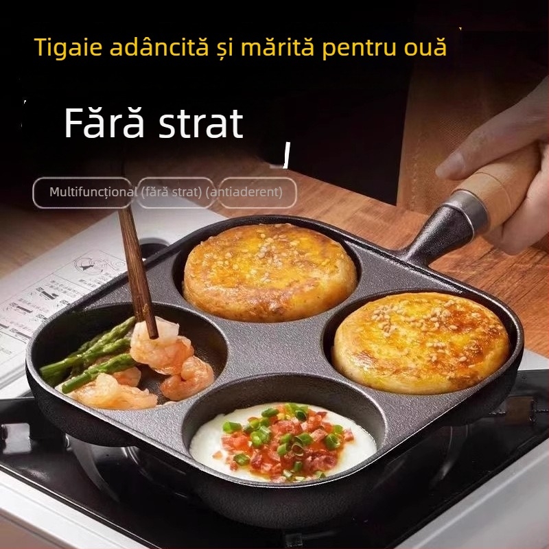 Tigaie din fontă pentru ouă cu patru găuri, potrivită pentru ouă, burgeri cu ouă și găluște cu ouă, fără strat