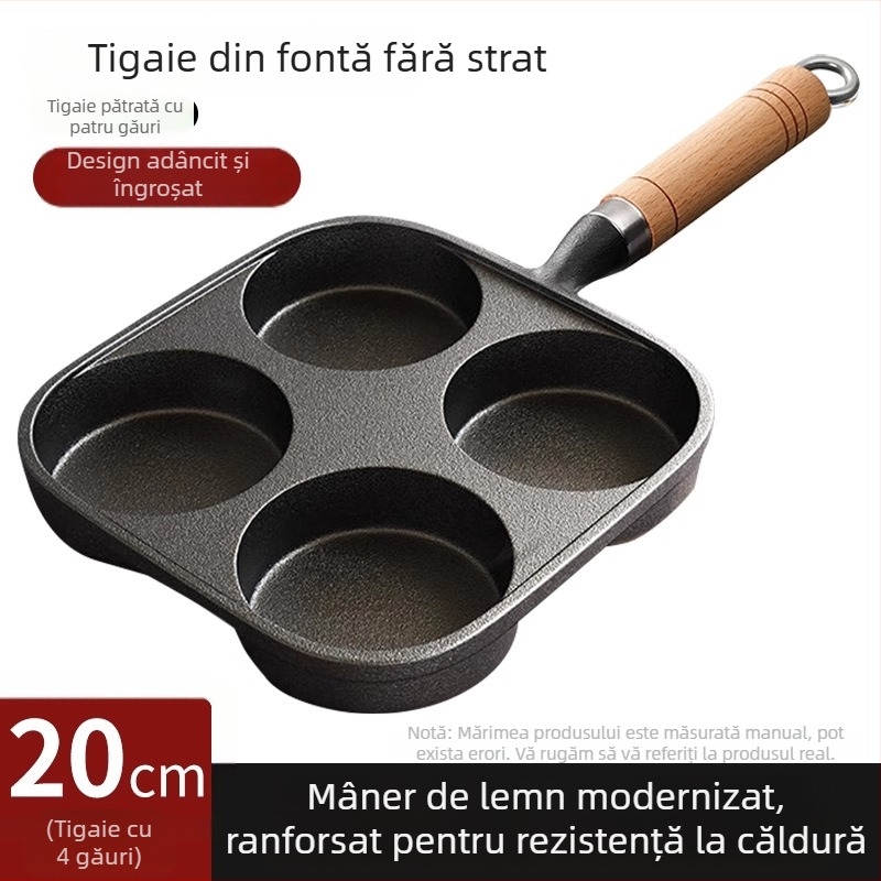 Tigaie din fontă pentru ouă cu patru găuri, potrivită pentru ouă, burgeri cu ouă și găluște cu ouă, fără strat