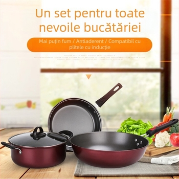 Set de vase antiaderente, trei piese: tigaie cu fund plat și oală de supă