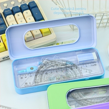 Set cu compas și riglă pentru elevii din învățământul primar, 7 piese de instrumente de desen, include riglă triunghiulară, transportor, instrumente de desen și riglă dreptunghiulară