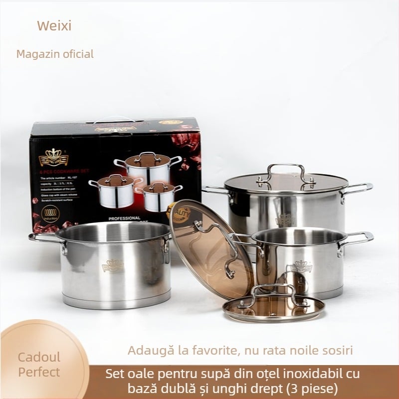 Set din trei oale din oțel inoxidabil pentru supă, cutie colorată, set de bucătărie durabil pentru plite cu inducție, oală pentru tocană, cutie cadou pentru uz casnic