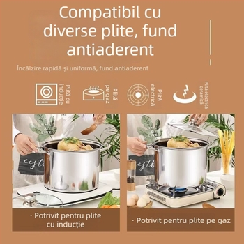 Oală de supă din oțel inoxidabil, pereți groși și înaltă, capacitate mare, pentru supă, terci de orez, gătit la abur și fierbere; pentru uz casnic, compatibilă cu plitele cu inducție și cu gaz