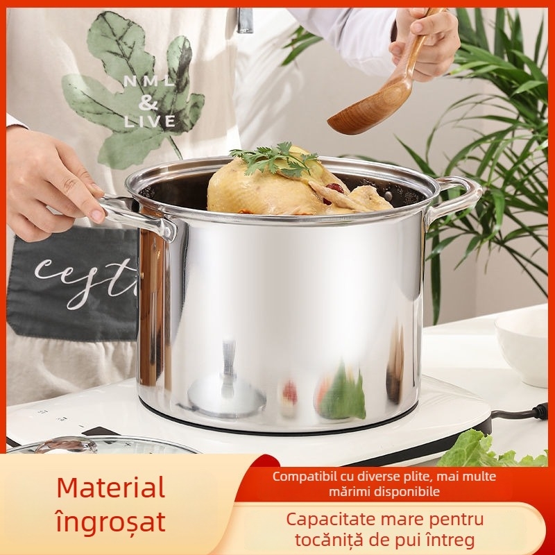 Oală de supă din oțel inoxidabil, pereți groși și înaltă, capacitate mare, pentru supă, terci de orez, gătit la abur și fierbere; pentru uz casnic, compatibilă cu plitele cu inducție și cu gaz