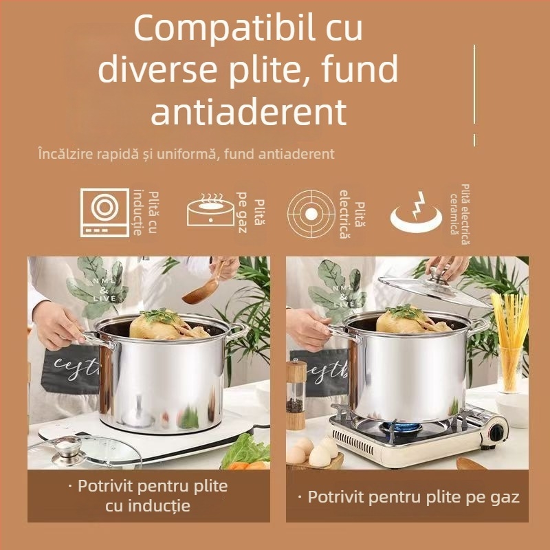 Oală de supă din oțel inoxidabil, pereți groși și înaltă, capacitate mare, pentru supă, terci de orez, gătit la abur și fierbere; pentru uz casnic, compatibilă cu plitele cu inducție și cu gaz