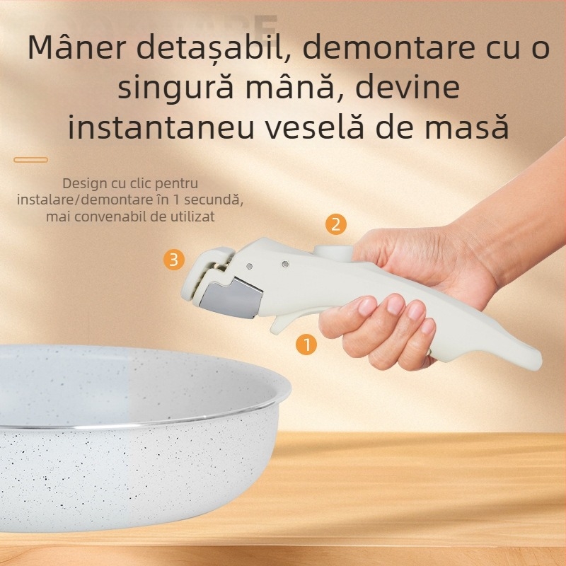Set de vase de bucătărie cu mâner din lemn de culoare alb lăptos, vase antiaderente, oale și tigăi cu capace de sticlă