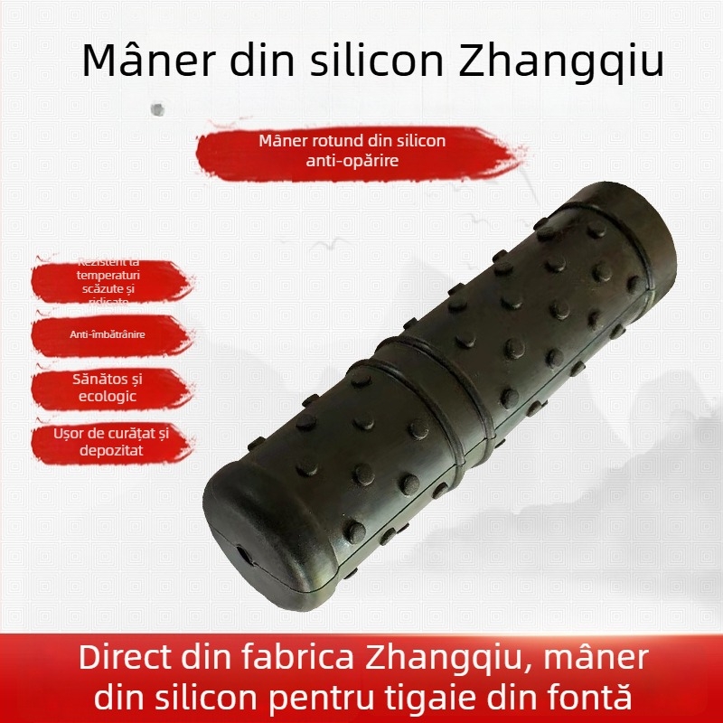Cap de mâner din silicon anti-arsură pentru wok din fontă, cu capac din lemn, izolație termică, anti-alunecare, cutie cadou