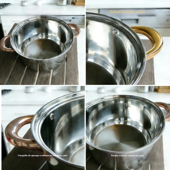 Set din oțel inoxidabil, șase piese, bază cu cinci straturi – oală de supă și alte vase, capac din sticlă, 201 oțel inoxidabil