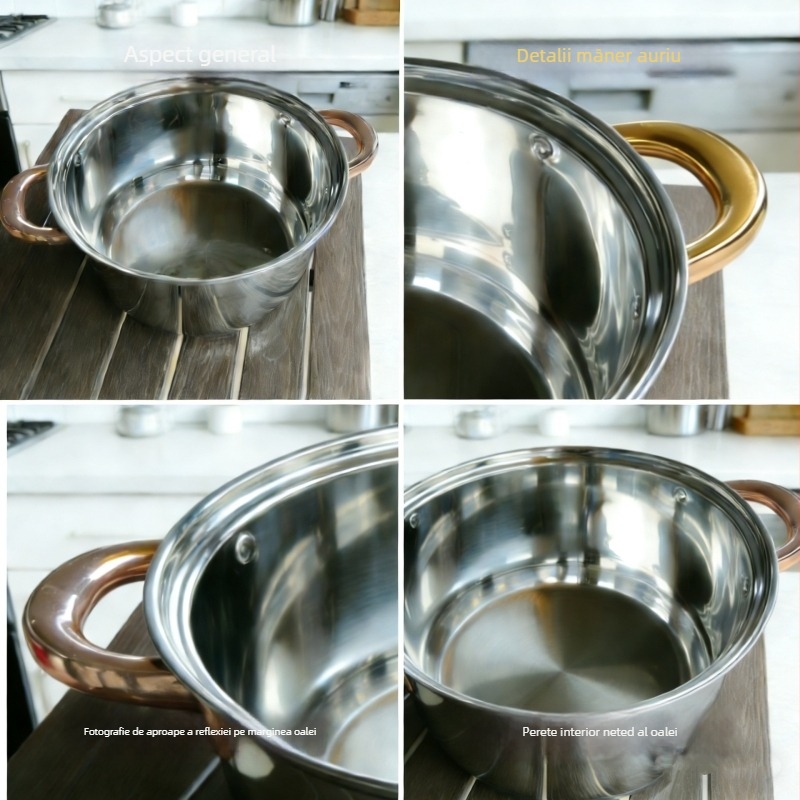 Set din oțel inoxidabil, șase piese, bază cu cinci straturi – oală de supă și alte vase, capac din sticlă, 201 oțel inoxidabil