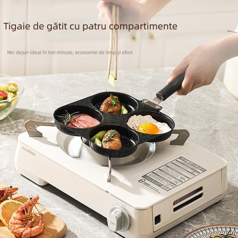Tigaie multifuncțională pentru omletă cu patru găuri, piatră Maifan – antiaderentă, bază plată, pentru ouă, burgeri și găluște chinezești