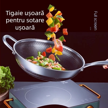 Wok antiaderent pentru uz casnic — compatibil cu plite cu inducție și aragaz, tigaie cu bază plată pentru sotare